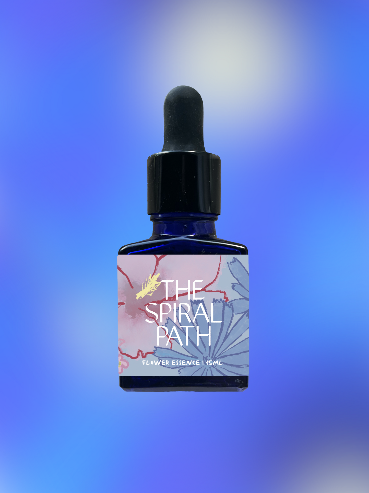 Small batch organic flower essence - feminine healing, 15mL, blue glass bottle with dropper. This essence supports emotional healing and is a sensitive medicine for sensitive people. Delphinium flower essence is a plant ally for facing your fears.