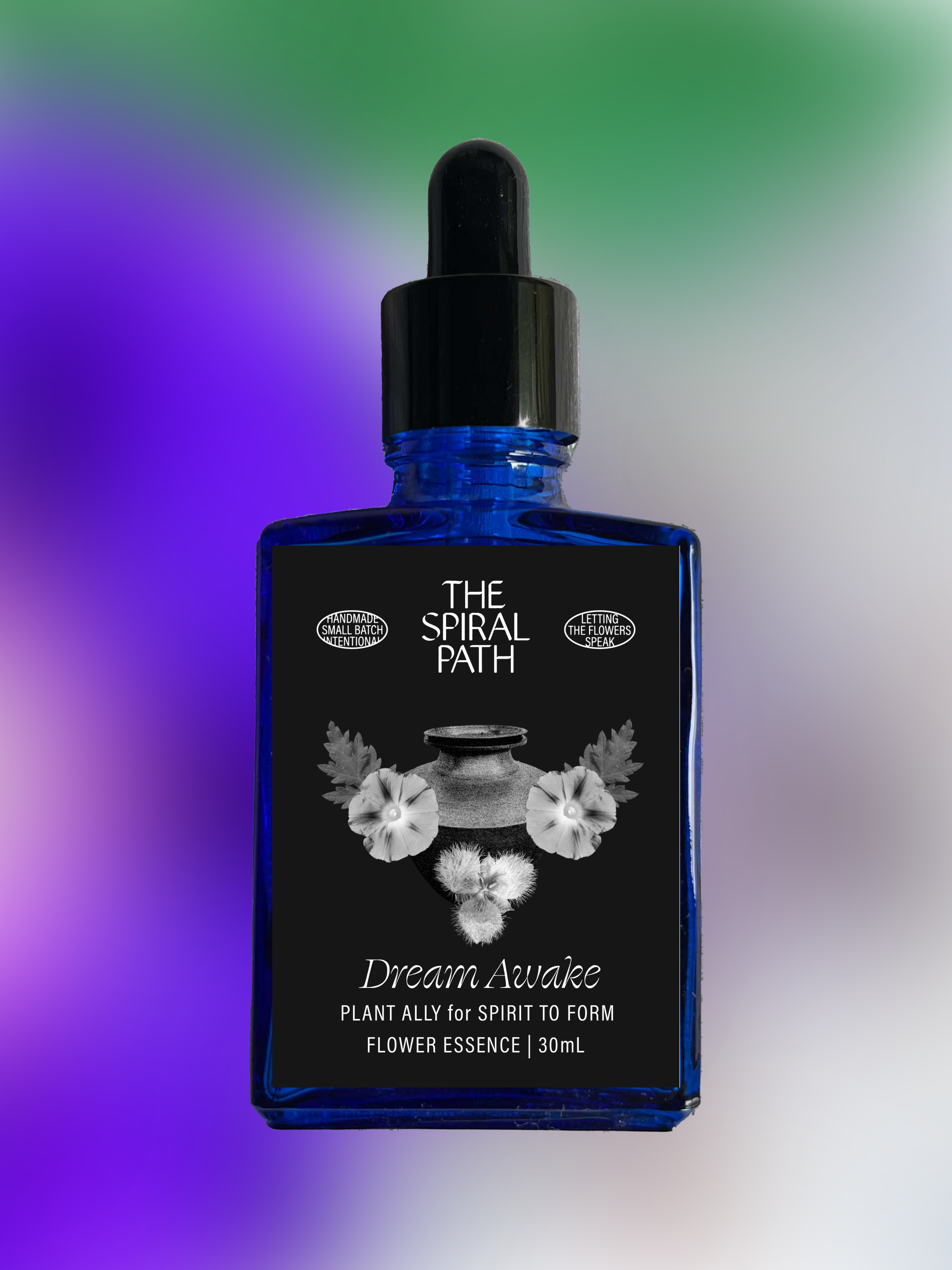 Small batch organic flower essence - feminine healing, 15mL, blue glass bottle with dropper. This essence supports emotional healing and is a sensitive medicine for sensitive people. Dream Awake flower essence is a plant ally for bringing Spirit to Form. morning glory, star tulip mugwort.