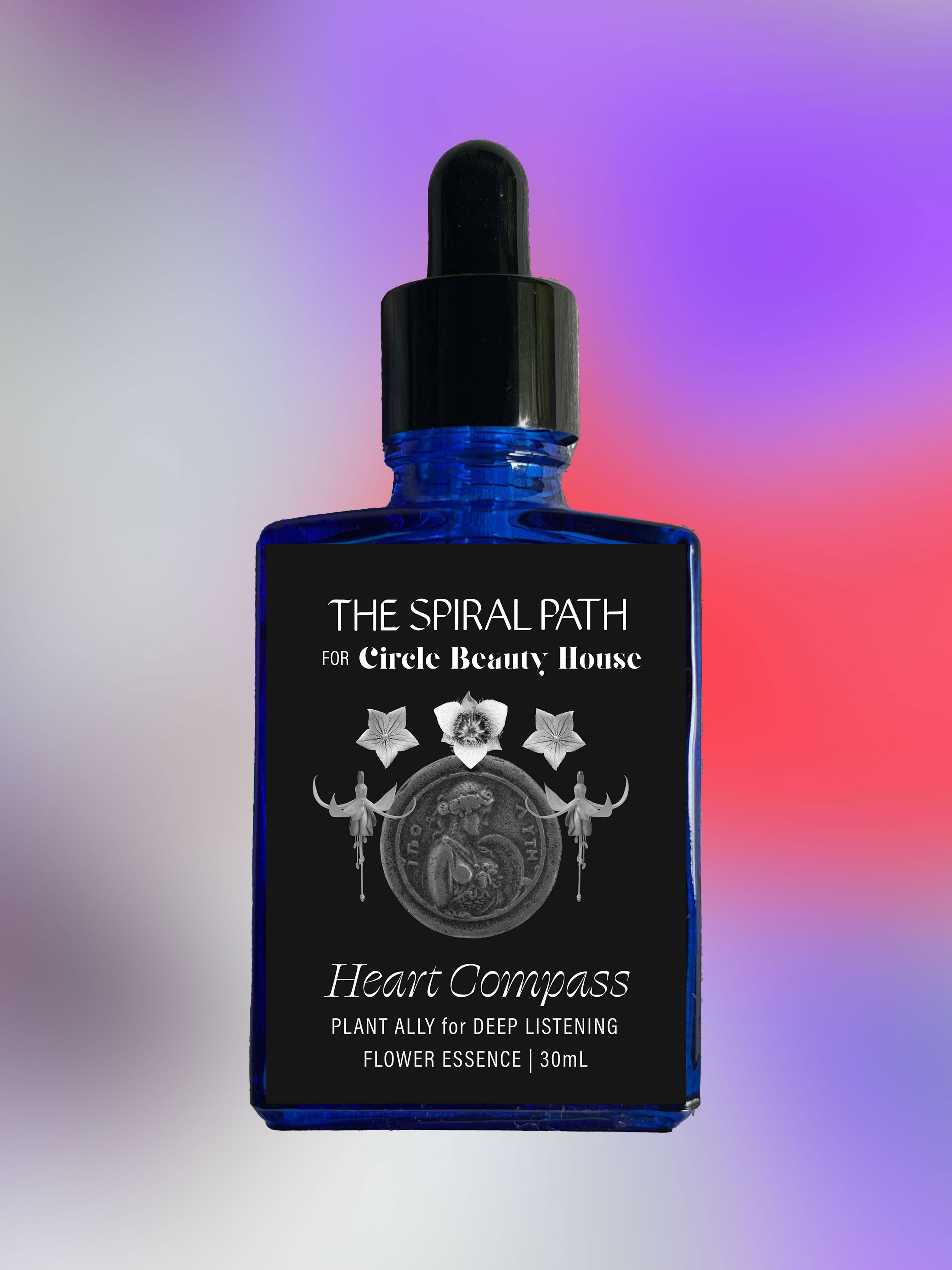 Small batch organic flower essence - feminine healing, 15mL, blue glass bottle with dropper. This essence supports emotional healing and is a sensitive medicine for sensitive people. Heart Compass is a flower essence for deep listening.