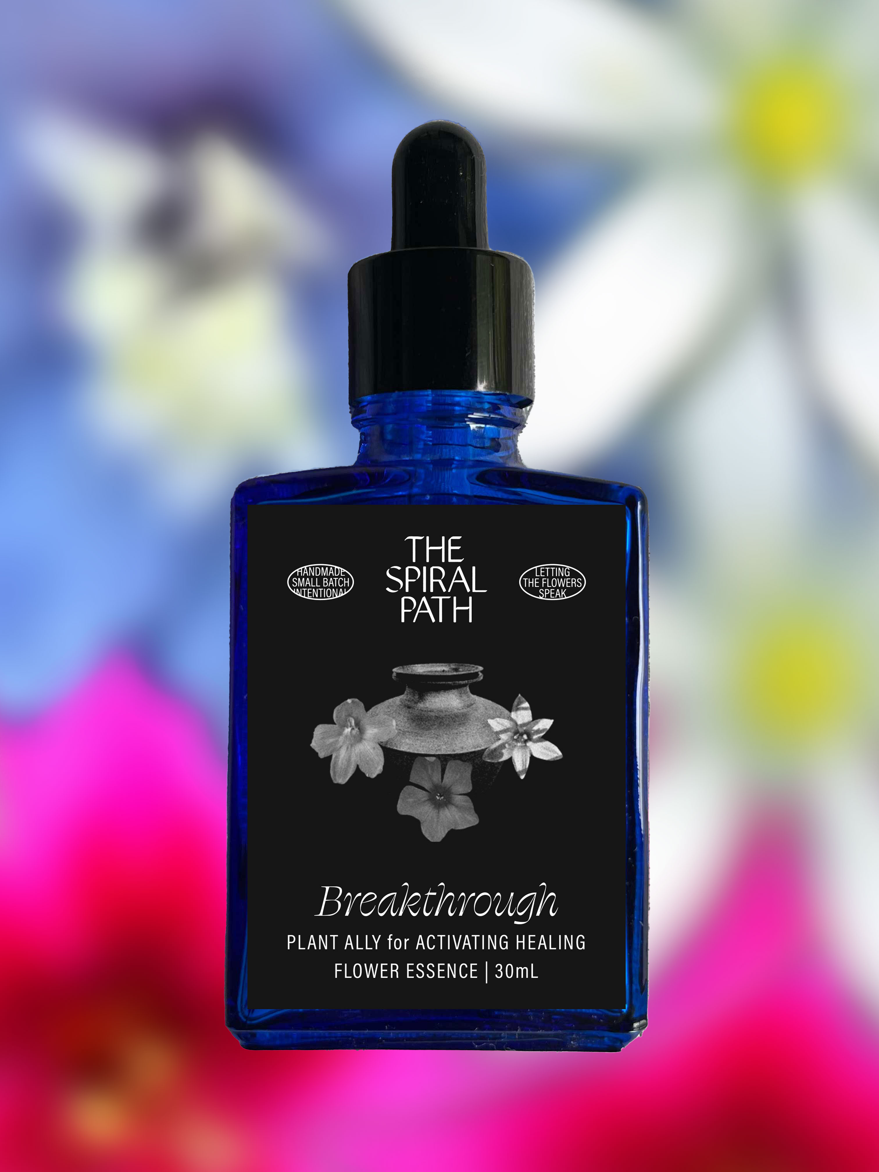 Small batch organic flower essence - feminine healing, 15mL, blue glass bottle with dropper. This essence supports emotional healing and is a sensitive medicine for sensitive people. Breakthrough flower essence is a Plant ally for activating healing. Delphinium, Phlox, and Star of Bethlehem.