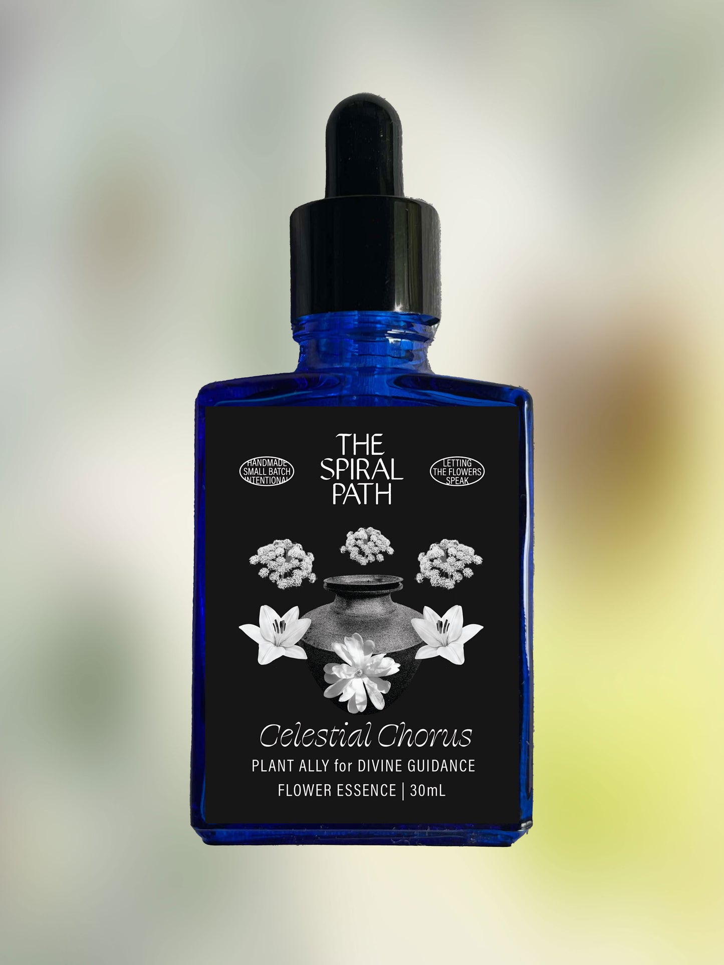 Small batch organic flower essence - feminine healing, 15mL, blue glass bottle with dropper. This essence supports emotional healing and is a sensitive medicine for sensitive people. Celestial Chorus flower essence is a plant ally for divine guidance. Star Magnolia, Angelica, and Trumpet Lily.