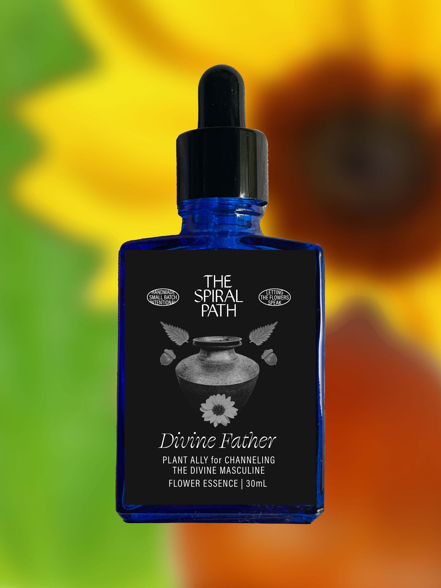 Small batch organic flower essence - feminine healing, 15mL, blue glass bottle with dropper. This essence supports emotional healing and is a sensitive medicine for sensitive people. Divine Father flower essence is a plant ally for channeling the divine masculine. Oak, Nettles, Sunflower.
