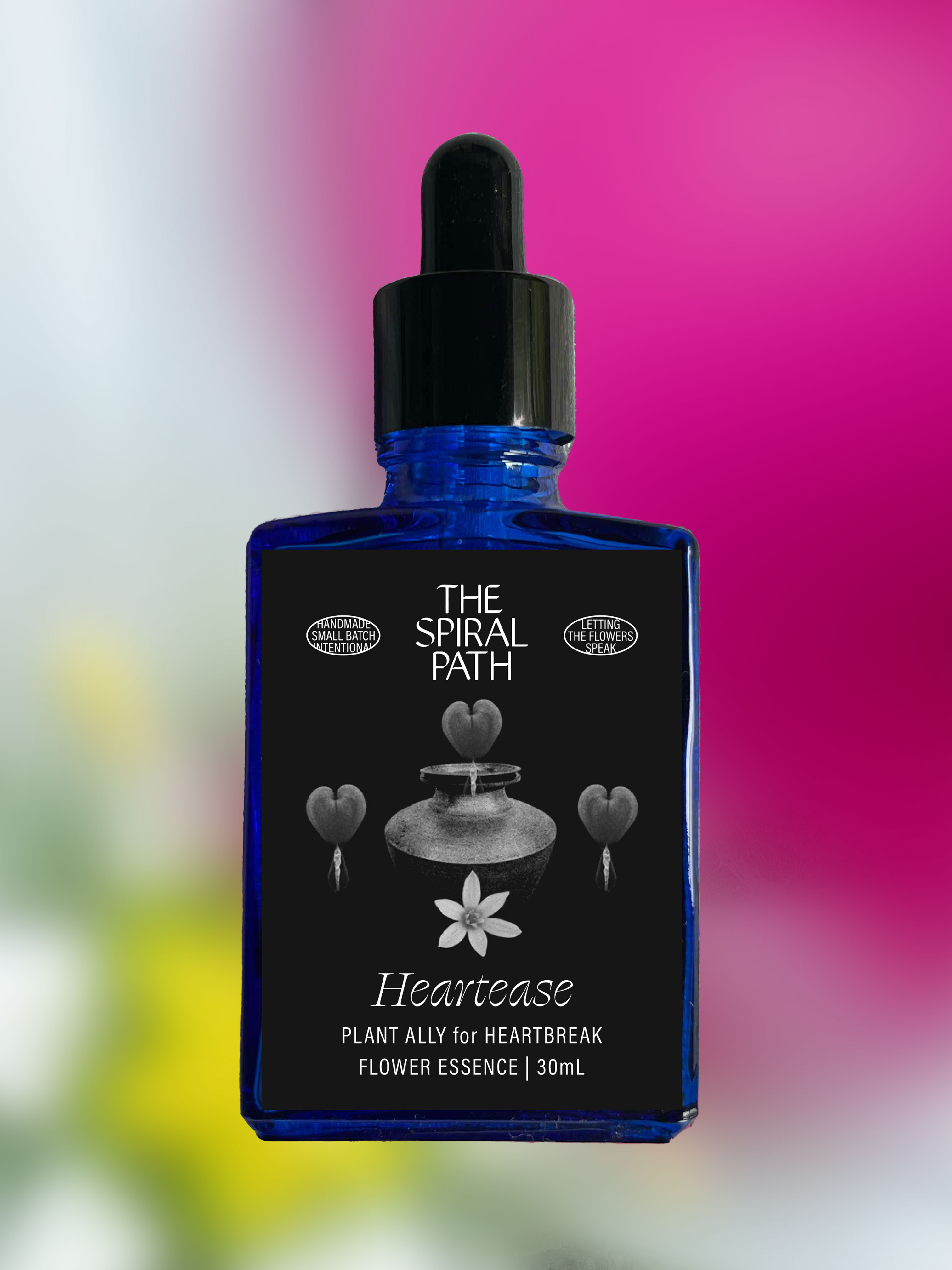 Small batch organic flower essence - feminine healing, 15mL, blue glass bottle with dropper. This essence supports emotional healing and is a sensitive medicine for sensitive people. Heartease flower essence is a plant ally for heartbreak. Star of Bethlehem and Bleeding Heart.