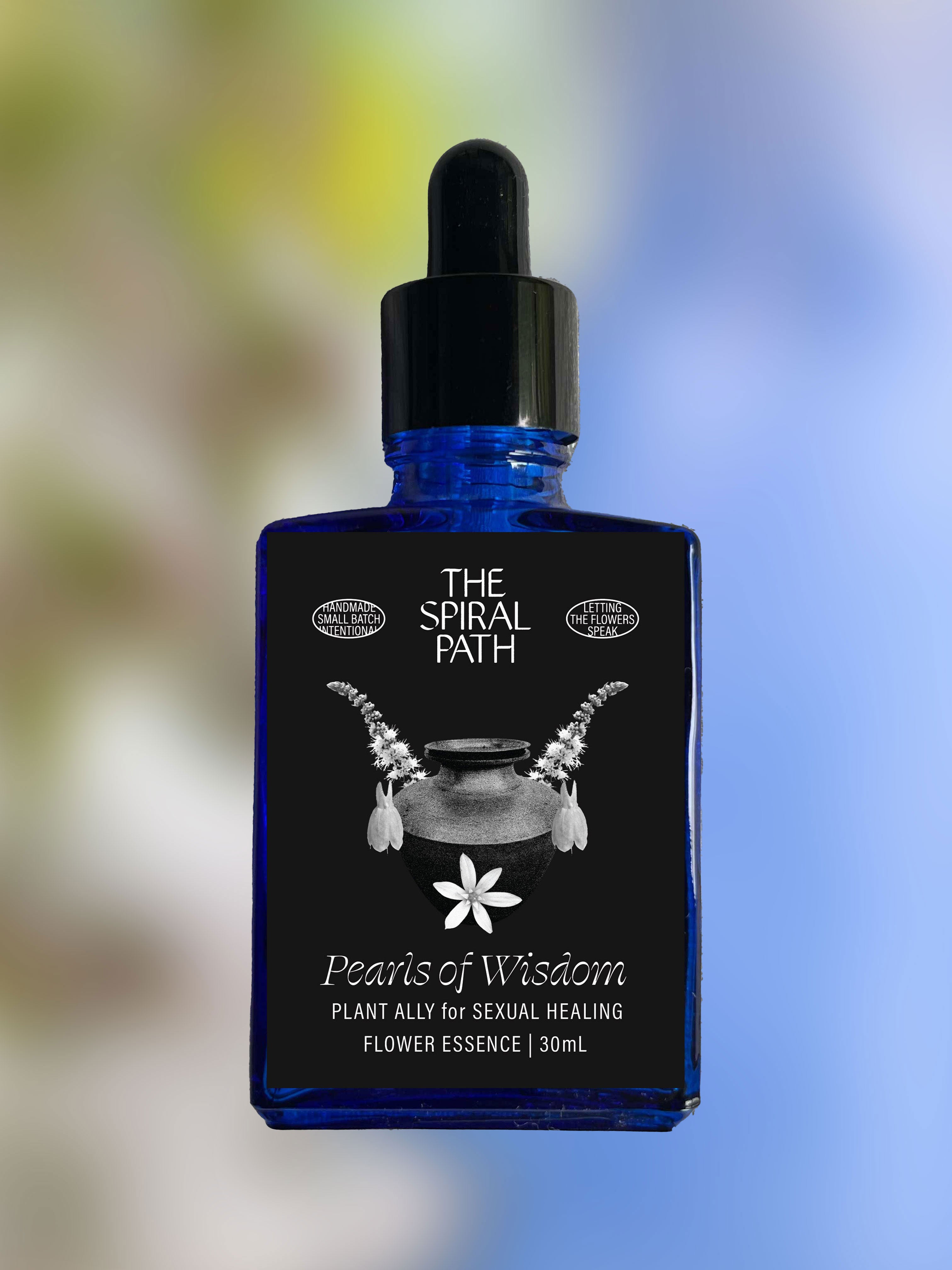 Small batch organic flower essence - feminine healing, 15mL, blue glass bottle with dropper. This essence supports emotional healing and is a sensitive medicine for sensitive people. Pearls of Wisdom flower essence is a plant ally for Sexual Healing. black cohosh, comfrey, star of Bethlehem.