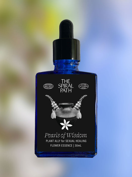 Small batch organic flower essence - feminine healing, 15mL, blue glass bottle with dropper. This essence supports emotional healing and is a sensitive medicine for sensitive people. Pearls of Wisdom flower essence is a plant ally for Sexual Healing. black cohosh, comfrey, star of Bethlehem.