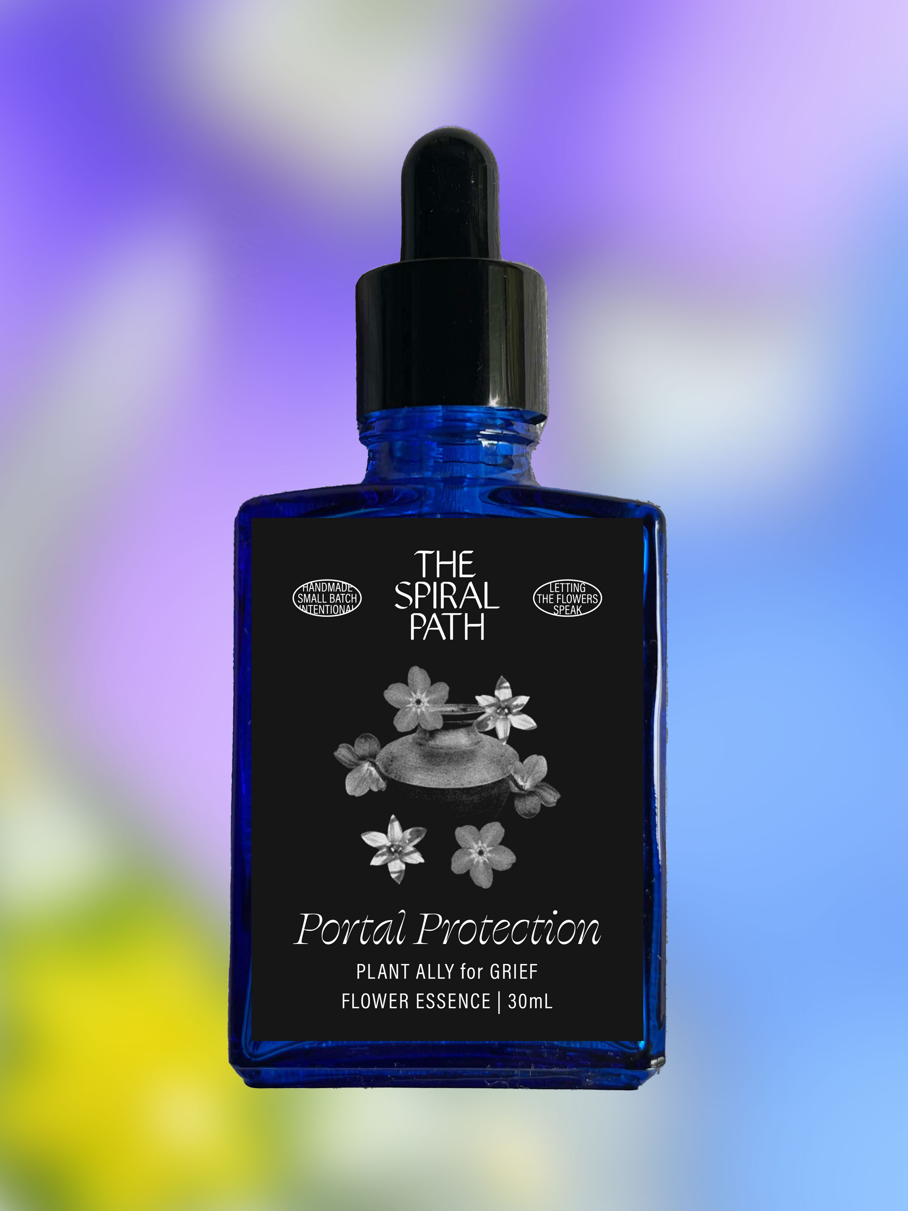 Small batch organic flower essence - feminine healing, 15mL, blue glass bottle with dropper. This essence supports emotional healing and is a sensitive medicine for sensitive people. Portal Protection flower essence is a plant ally for grief. Star of Bethlehem, Violet, Forget-Me-Not.