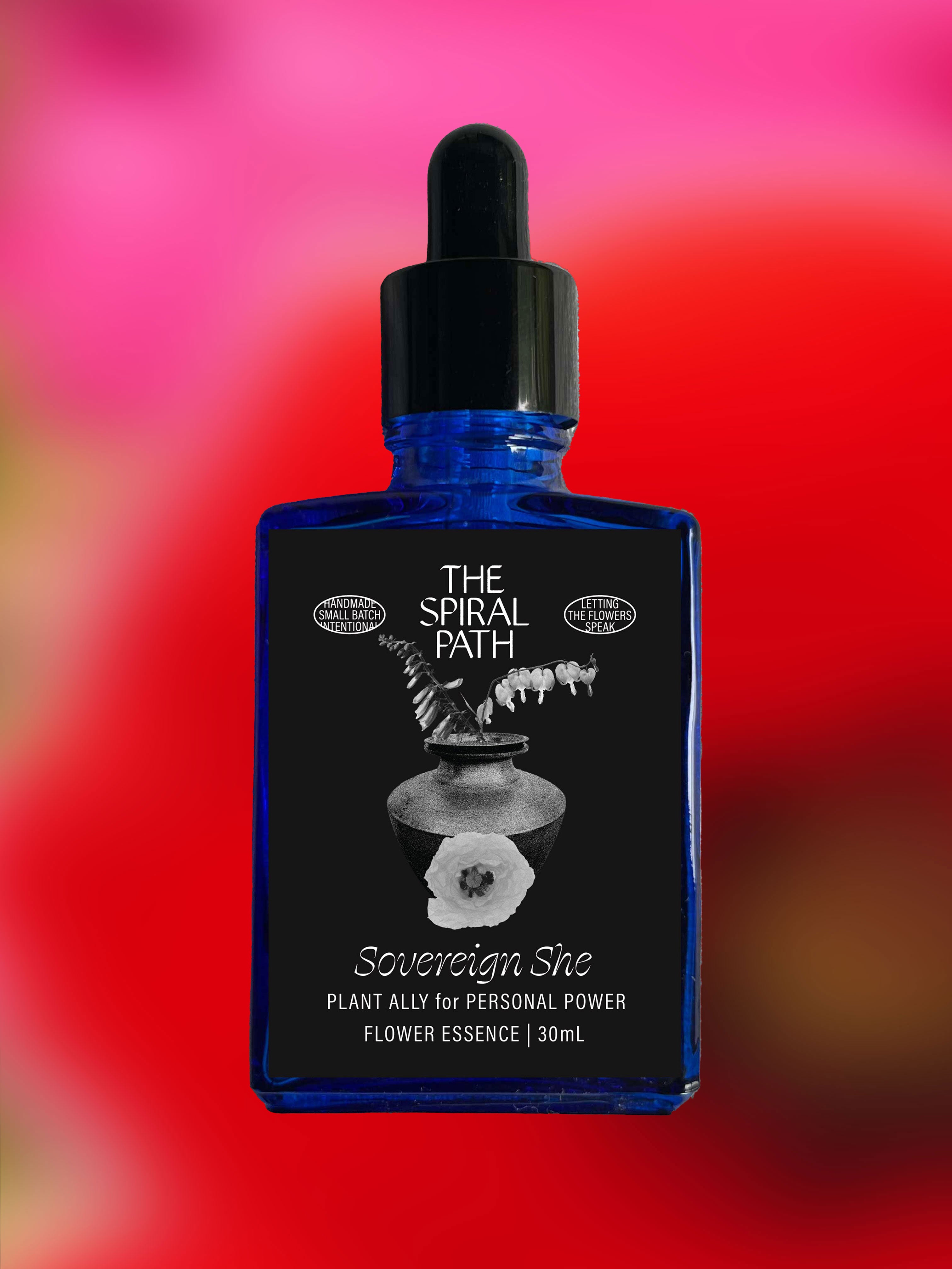 Small batch organic flower essence - feminine healing, 15mL, blue glass bottle with dropper. This essence supports emotional healing and is a sensitive medicine for sensitive people. Sovereign She flower essence is a plant ally for Personal Power. poppy, bleeding heart, foxglove.