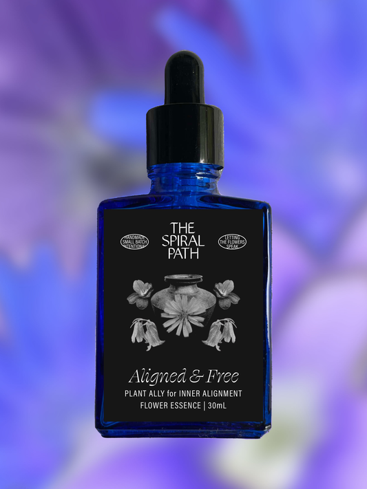Small batch organic flower essence - feminine healing, 15mL, blue glass bottle with dropper. This essence supports emotional healing and is a sensitive medicine for sensitive people. Aligned & Free flower essence is a plant ally for inner alignment. Bellflower, Chicory, and Violet.
