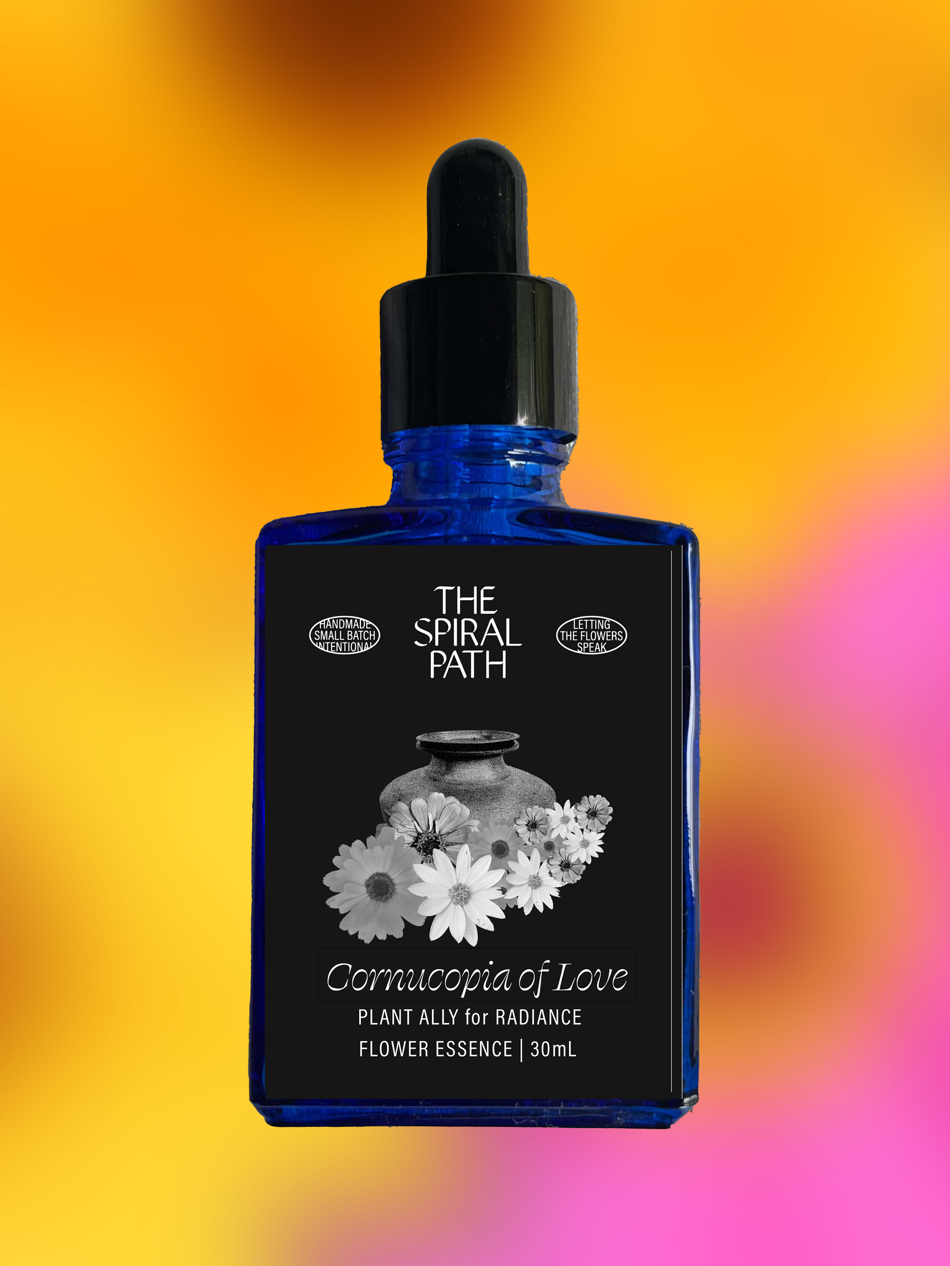 Small batch organic flower essence - feminine healing, 15mL, blue glass bottle with dropper. This essence supports emotional healing and is a sensitive medicine for sensitive people. Cornucopia flower essence is a plant ally for radiance. Sunflower, Zinnia, and Calendula. 