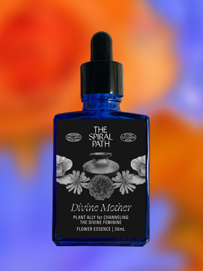 Small batch organic flower essence - feminine healing, 15mL, blue glass bottle with dropper. This essence supports emotional healing and is a sensitive medicine for sensitive people. Divine Mother flower essence is a plant ally for channeling the divine feminie. Marigold, Chicory, Rose.