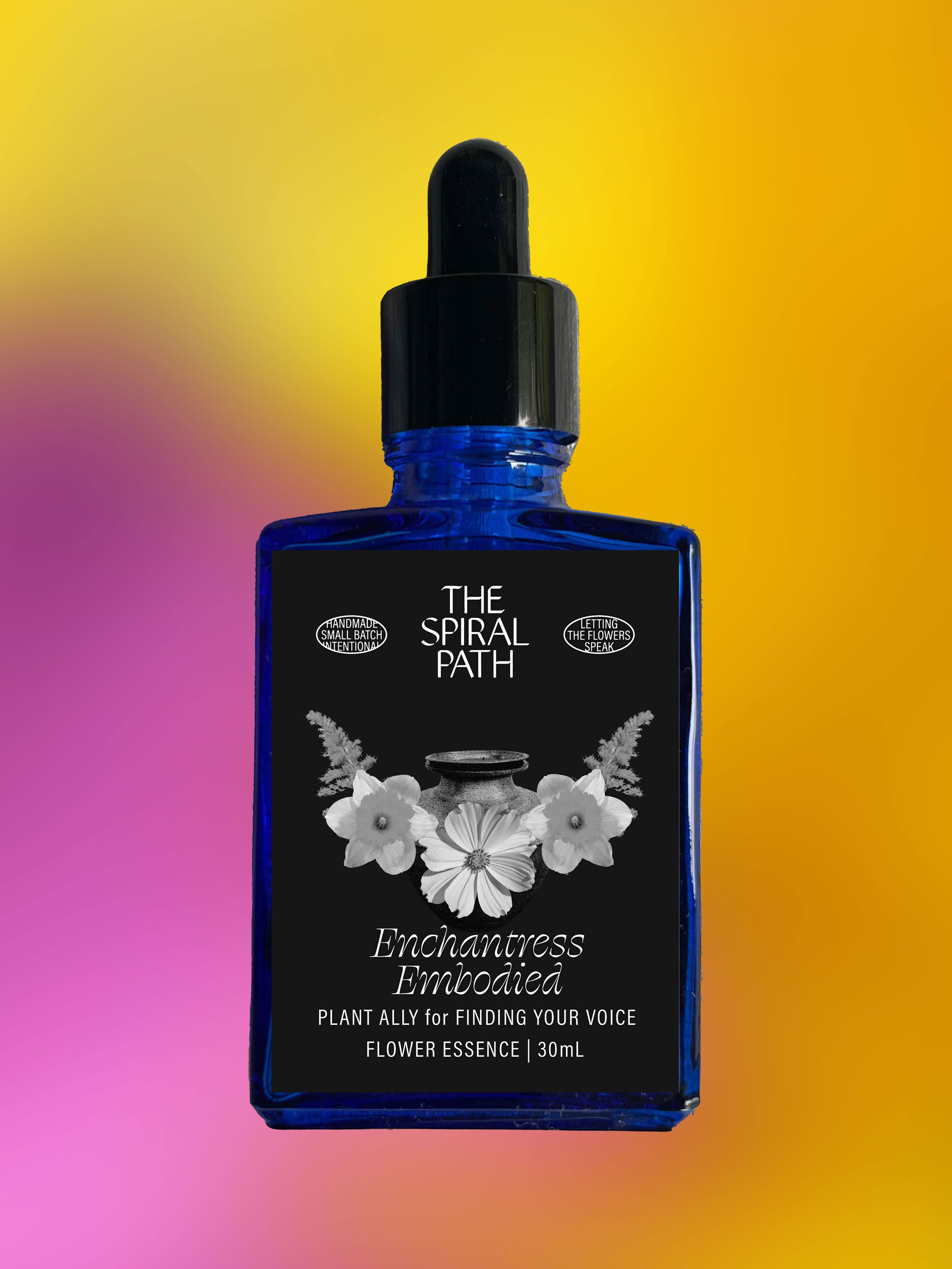 Small batch organic flower essence - feminine healing, 15mL, blue glass bottle with dropper. This essence supports emotional healing and is a sensitive medicine for sensitive people. Enchantress Embodied flower essence is a plant ally for finding your voice. Daffodil, Cosmos, Goldenrod.