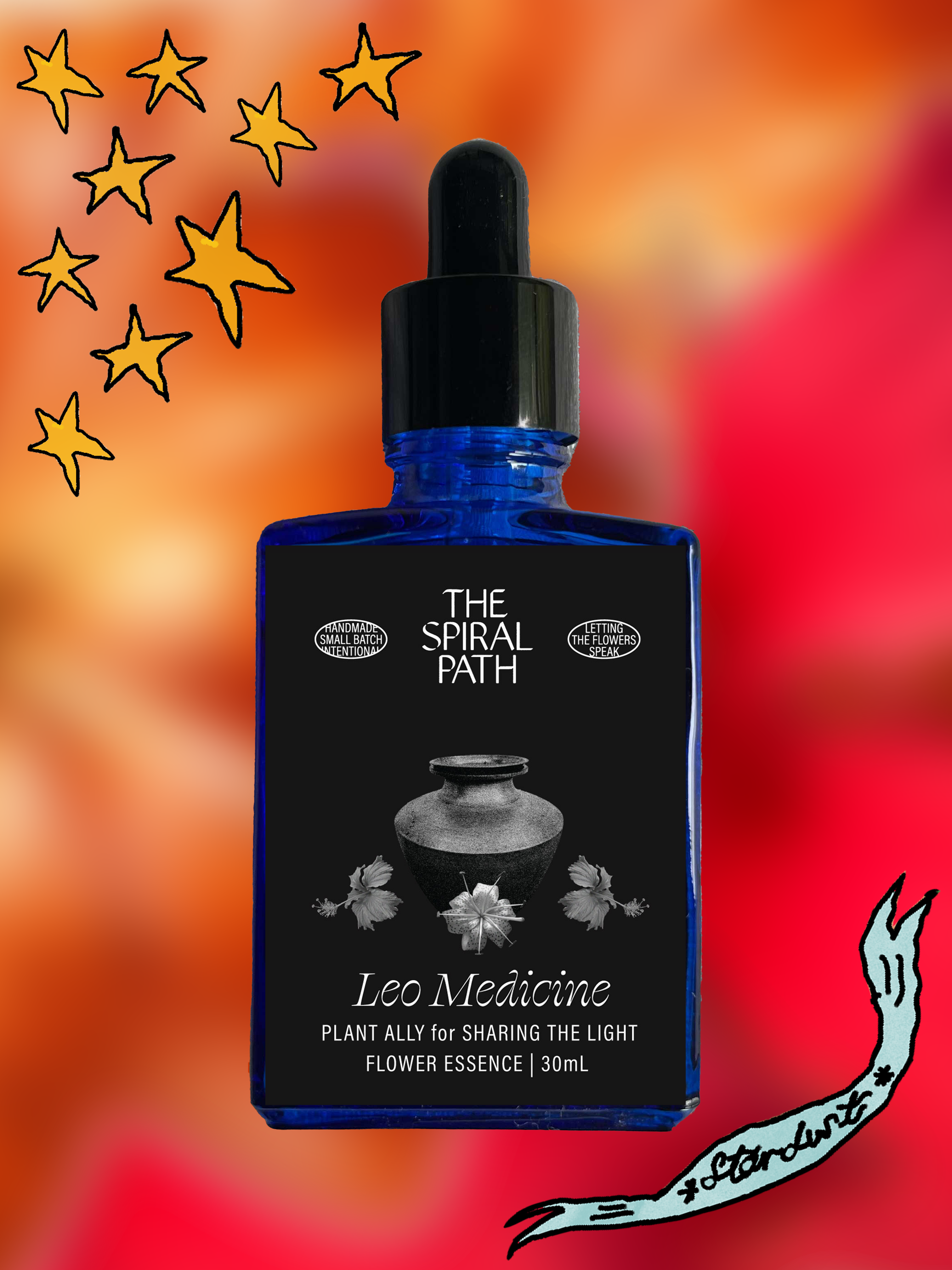 Small batch organic flower essence - feminine healing, 15mL, blue glass bottle with dropper. This essence supports emotional healing and is a sensitive medicine for sensitive people. Leo Medicine flower essence is a plant ally for sharing the light. Tiger Lily and Hibiscus. 