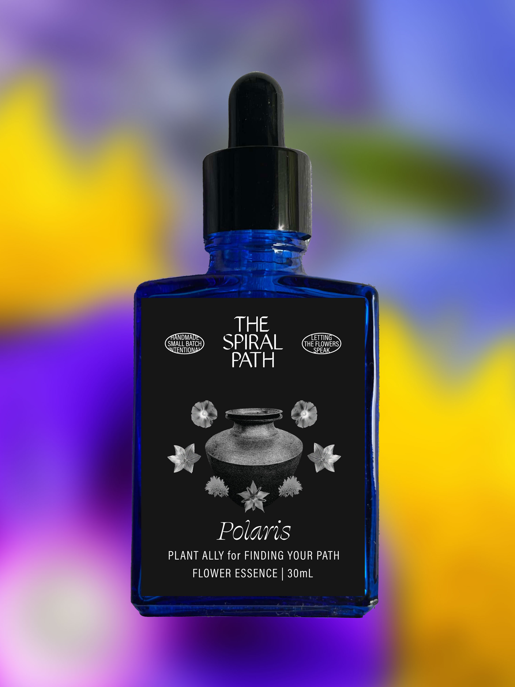 Small batch organic flower essence - feminine healing, 15mL, blue glass bottle with dropper. This essence supports emotional healing and is a sensitive medicine for sensitive people. Polaris Flower essence is a plant ally for finding your path. Bellflower, Morning Glory, Borage, Goldenrod. 