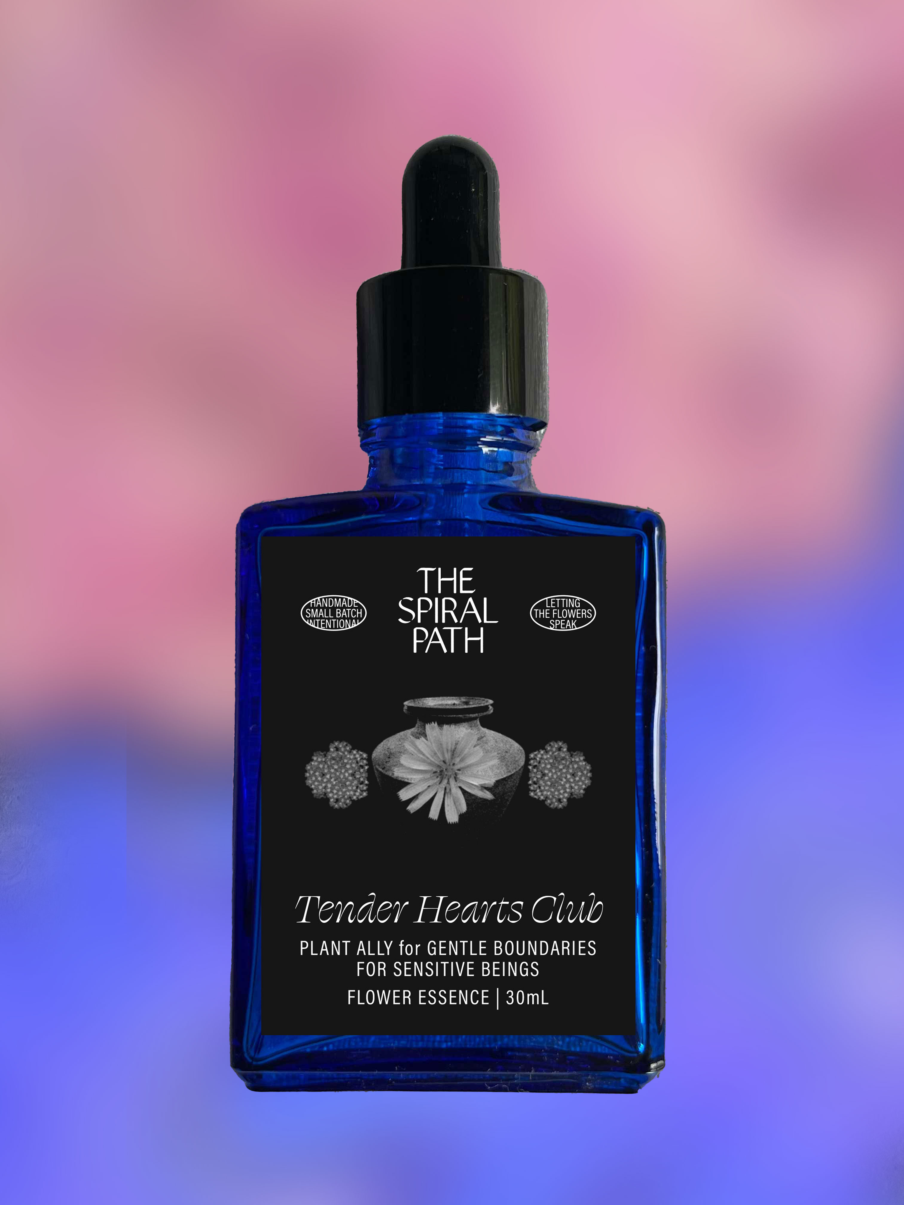 Small batch organic flower essence - feminine healing, 15mL, blue glass bottle with dropper. This essence supports emotional healing and is a sensitive medicine for sensitive people. Tender Hearts Club flower essence is a plant ally for gentle boundaries for sensitive beings. Chicory, Pink Yarrow, and Mallow. 